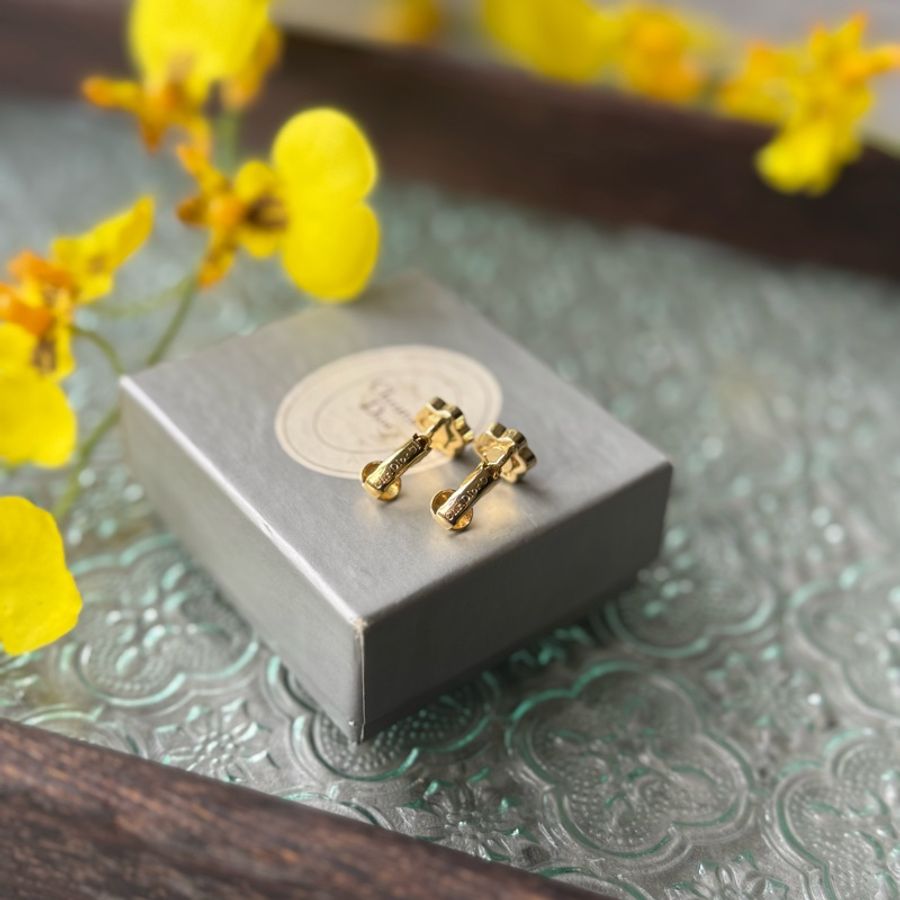 中古Dior 花朵水鑽耳夾 鍍金 耳環-10