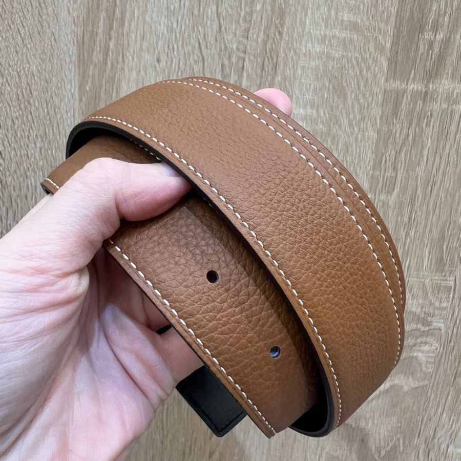 Hermes (無釦頭)金棕Togo皮黑Box皮雙面用皮帶H073967-3
