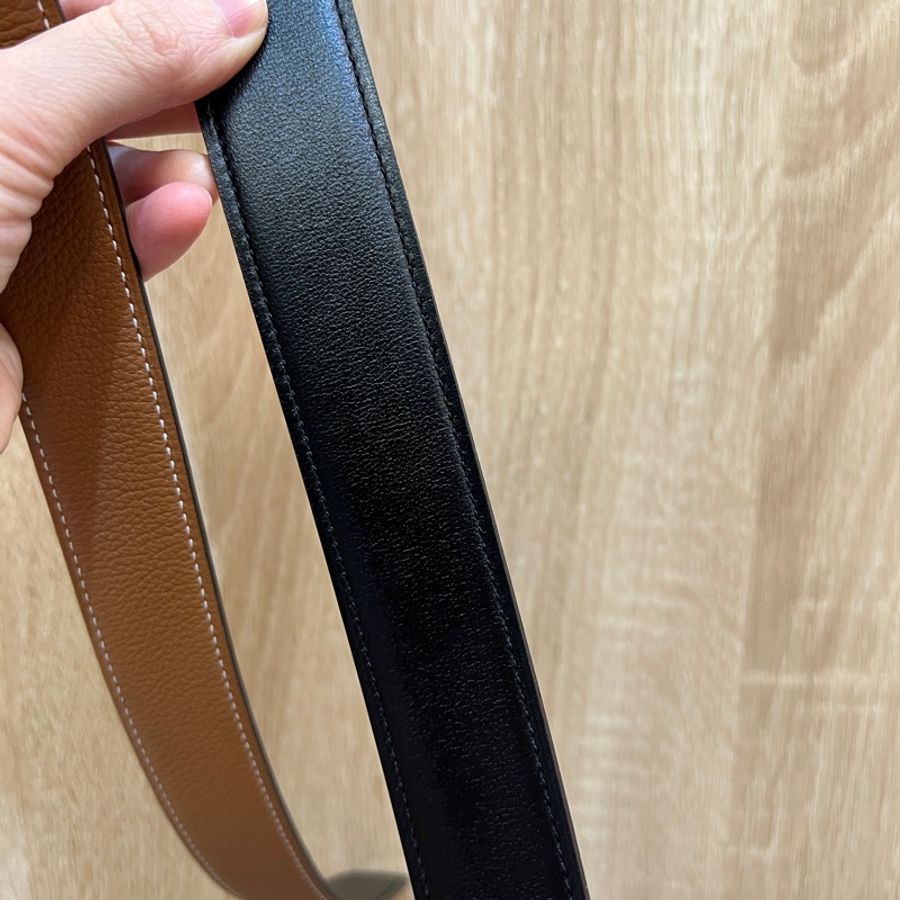 Hermes (無釦頭)金棕Togo皮黑Box皮雙面用皮帶H073967-6