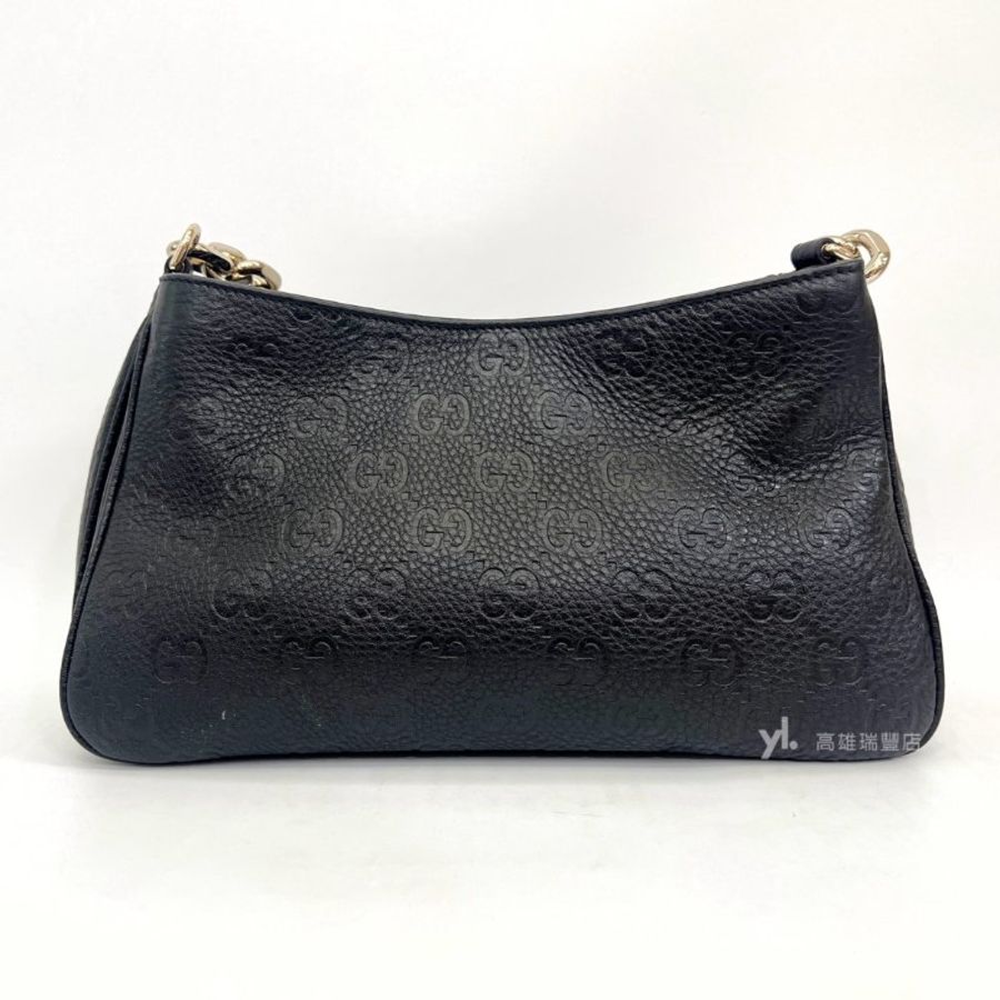 ❣Gucci 黑小牛皮壓紋Emblem淡金釦粗鏈條三層肩斜背包-1