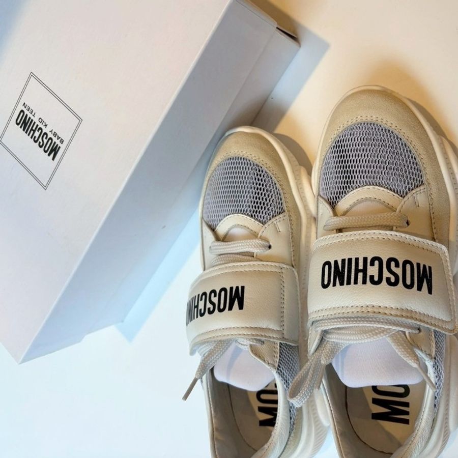 Moschino 白底黑字母皮革/帆布休閒鞋-2
