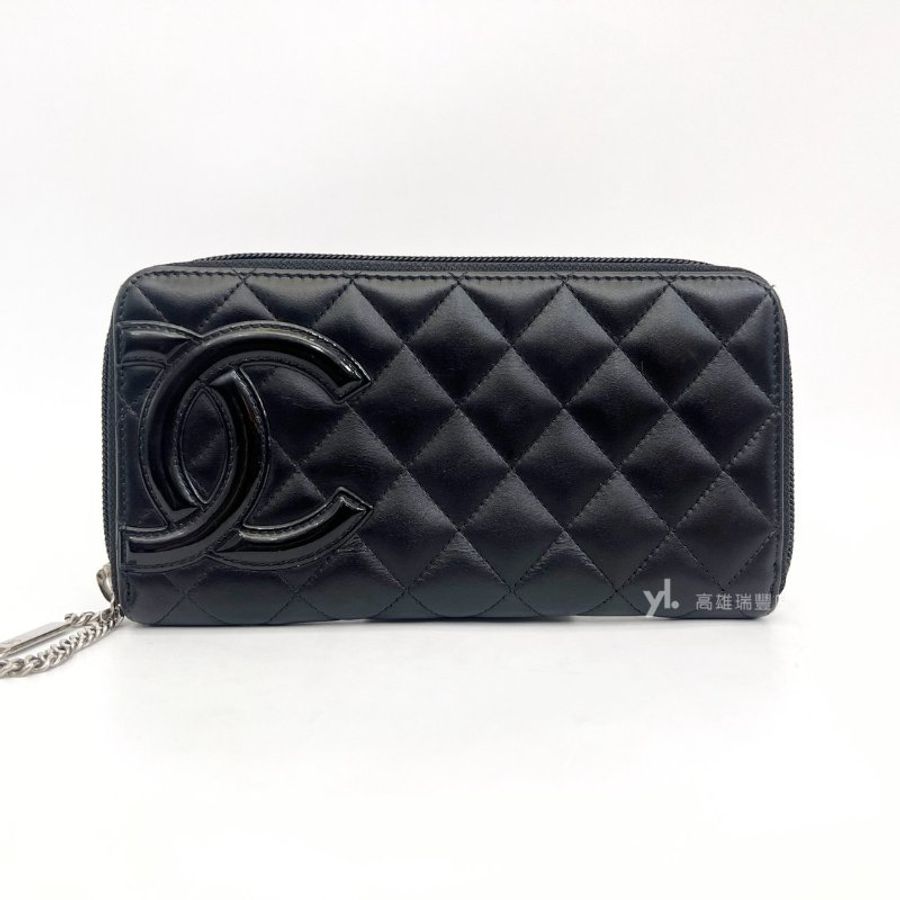 ❣Chanel 黑菱格牛皮康朋銀釦內螢光粉8卡ㄇ拉長夾-0
