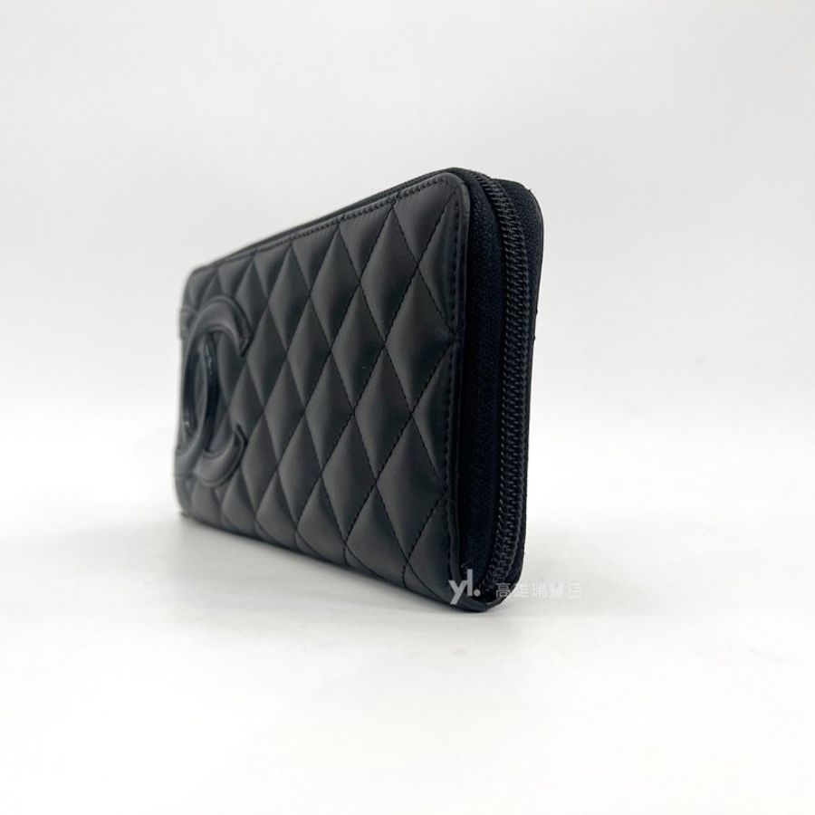 ❣Chanel 黑菱格牛皮康朋銀釦內螢光粉8卡ㄇ拉長夾-3