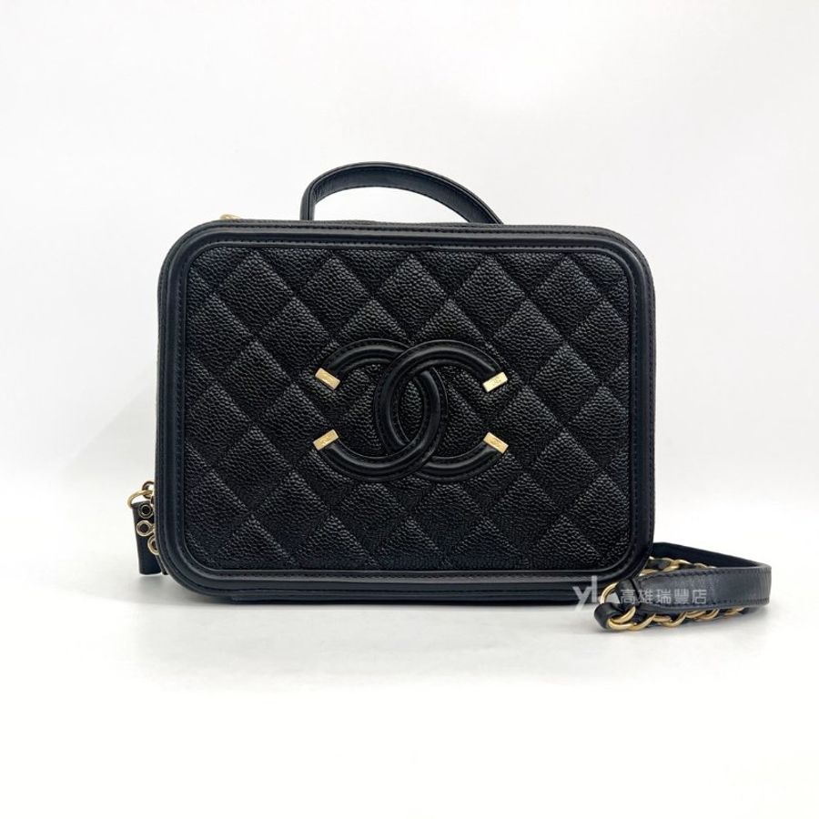 ❣Chanel 黑荔枝霧金釦Vanity Case浮雕Logo手提斜背化妝箱包-0