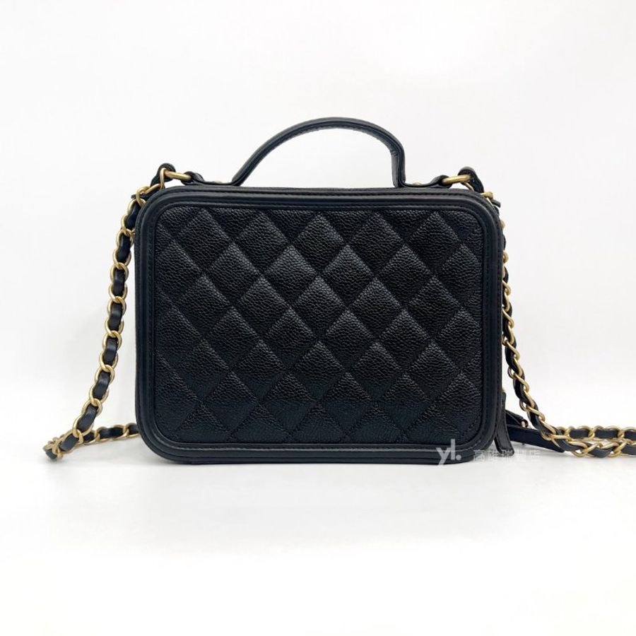 ❣Chanel 黑荔枝霧金釦Vanity Case浮雕Logo手提斜背化妝箱包-1
