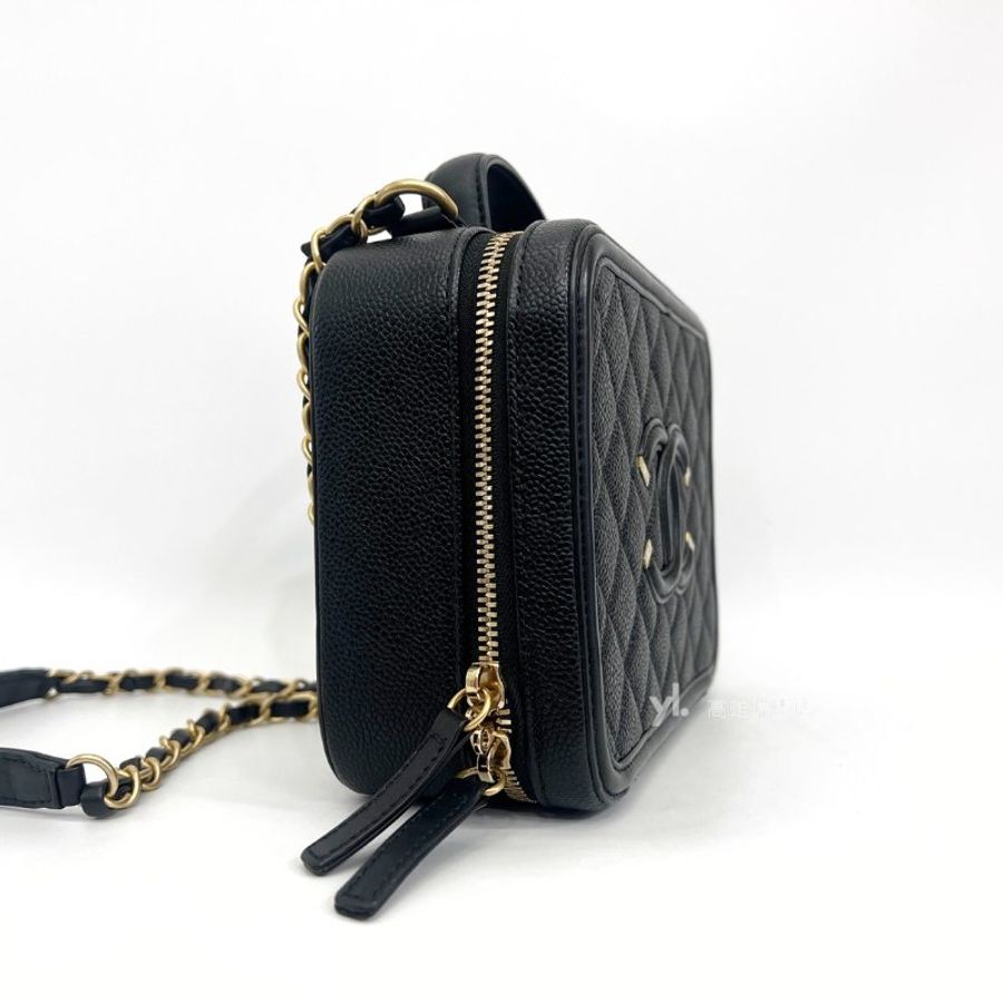 ❣Chanel 黑荔枝霧金釦Vanity Case浮雕Logo手提斜背化妝箱包-2