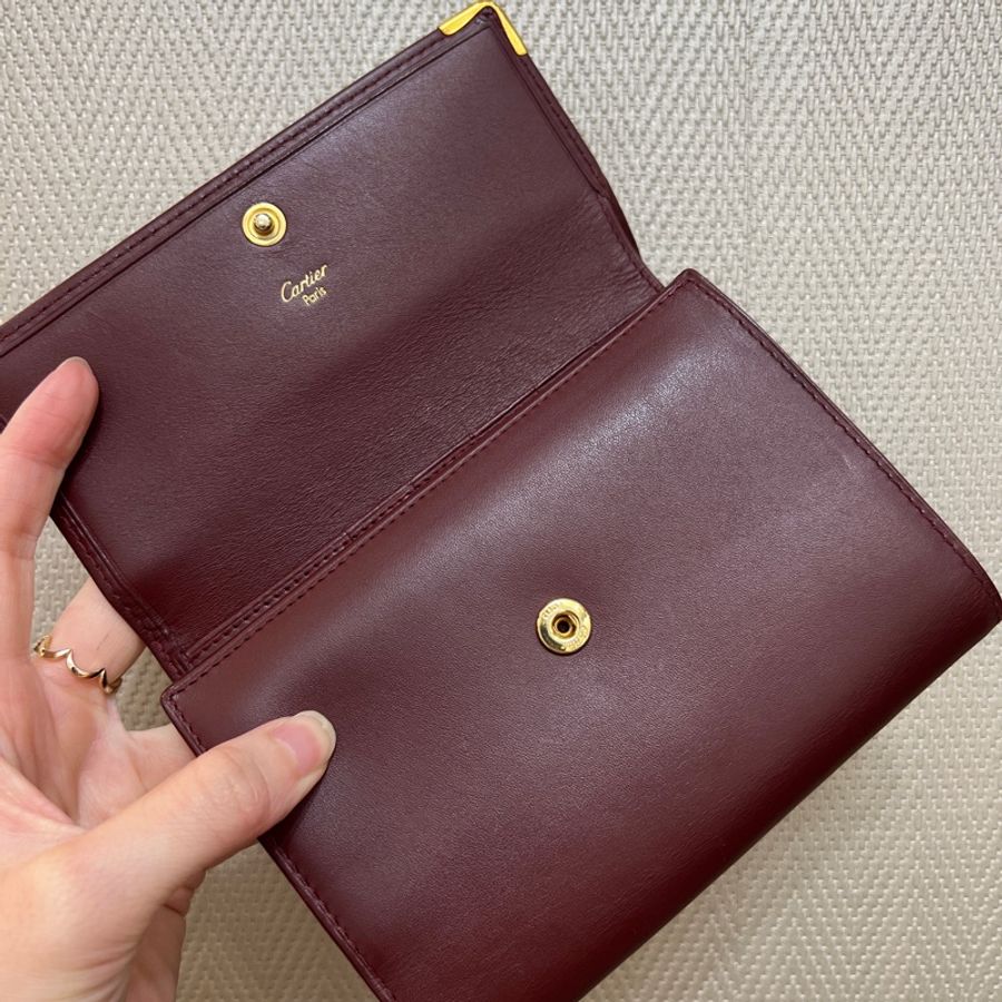 Cartier 酒紅牛皮金釦5卡三折中夾-10