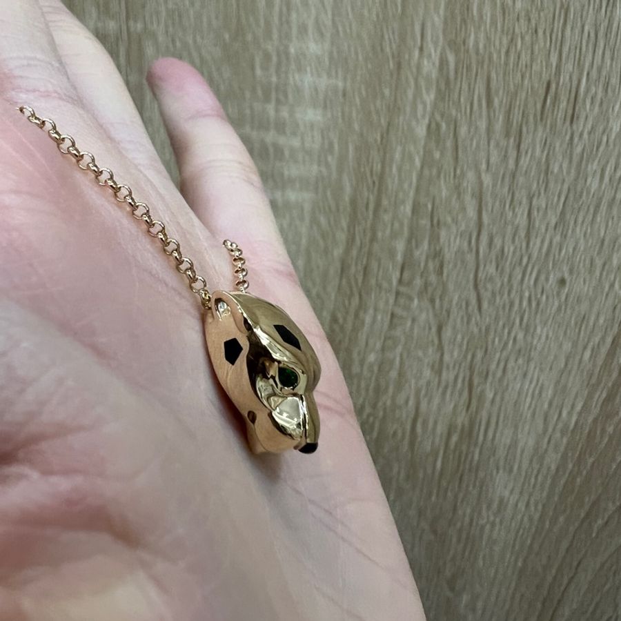 Cartier 750黃K金黑縞瑪瑙綠沙佛萊石美洲豹項鍊B7224756-2