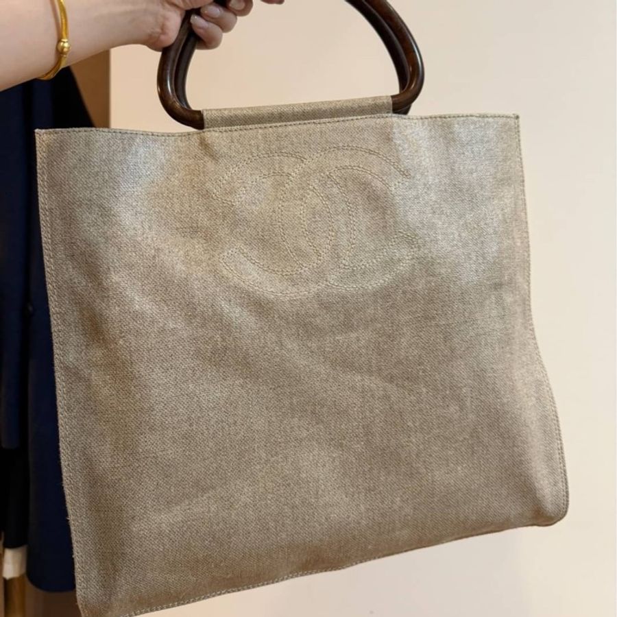 chanel vintage tote 玳瑁提把 真皮  防水麻 材質 手提包 手拿包 公事包 文件包 電腦包-6