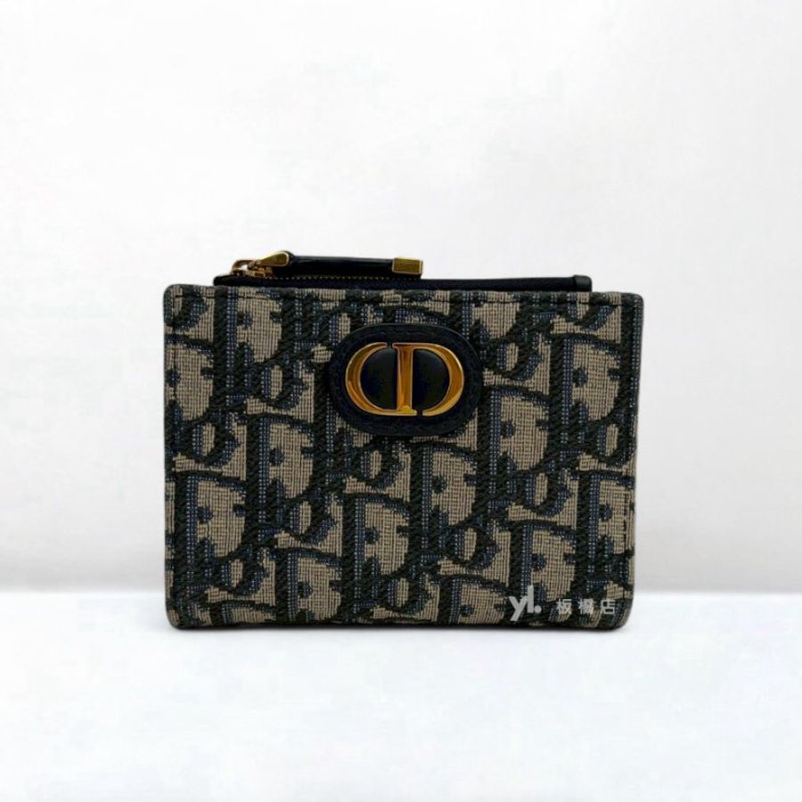 DIOR 30 Montaigne Dahlia藍緹花金釦對開兩折短夾S2197UTZQ_M928-1