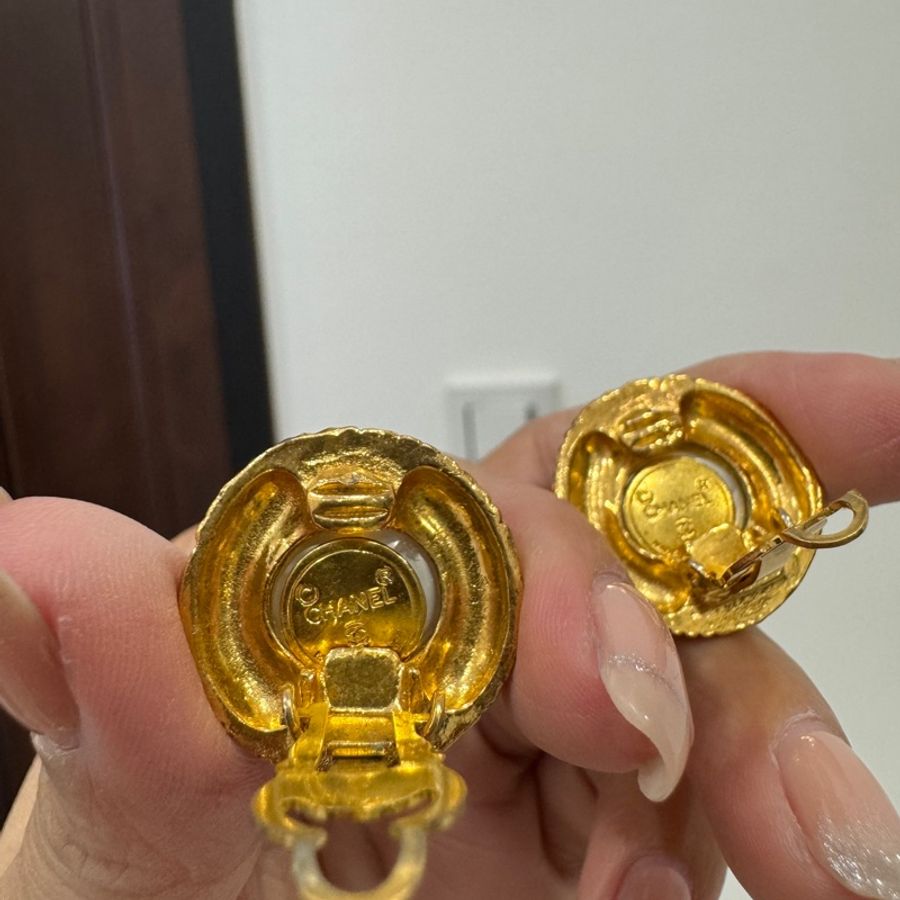 Chanel 香奈兒 vintage 珍珠 金釦 耳環 耳夾 耳飾 夾式耳環-6
