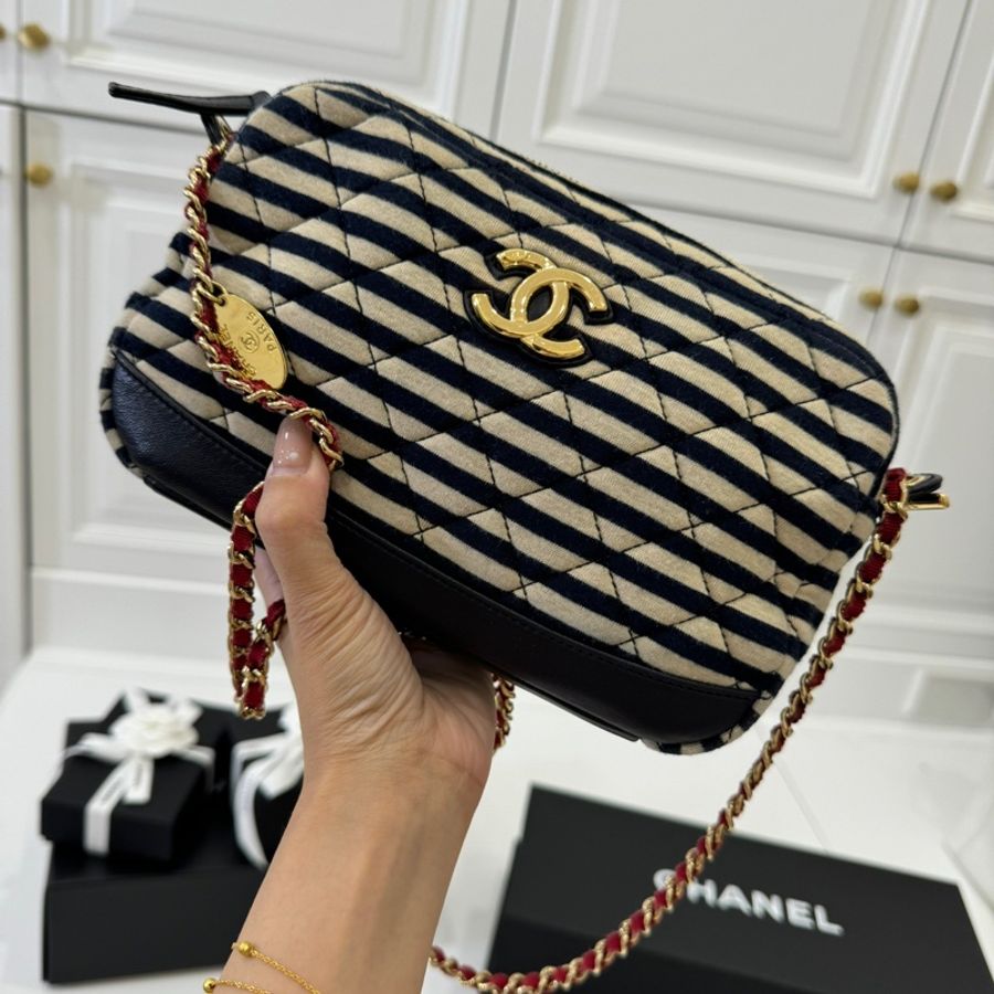 CHANEL 香奈兒 Coco Sailor 藍色 海軍風 條紋棉布面 肩背包 斜背包 相機包-7