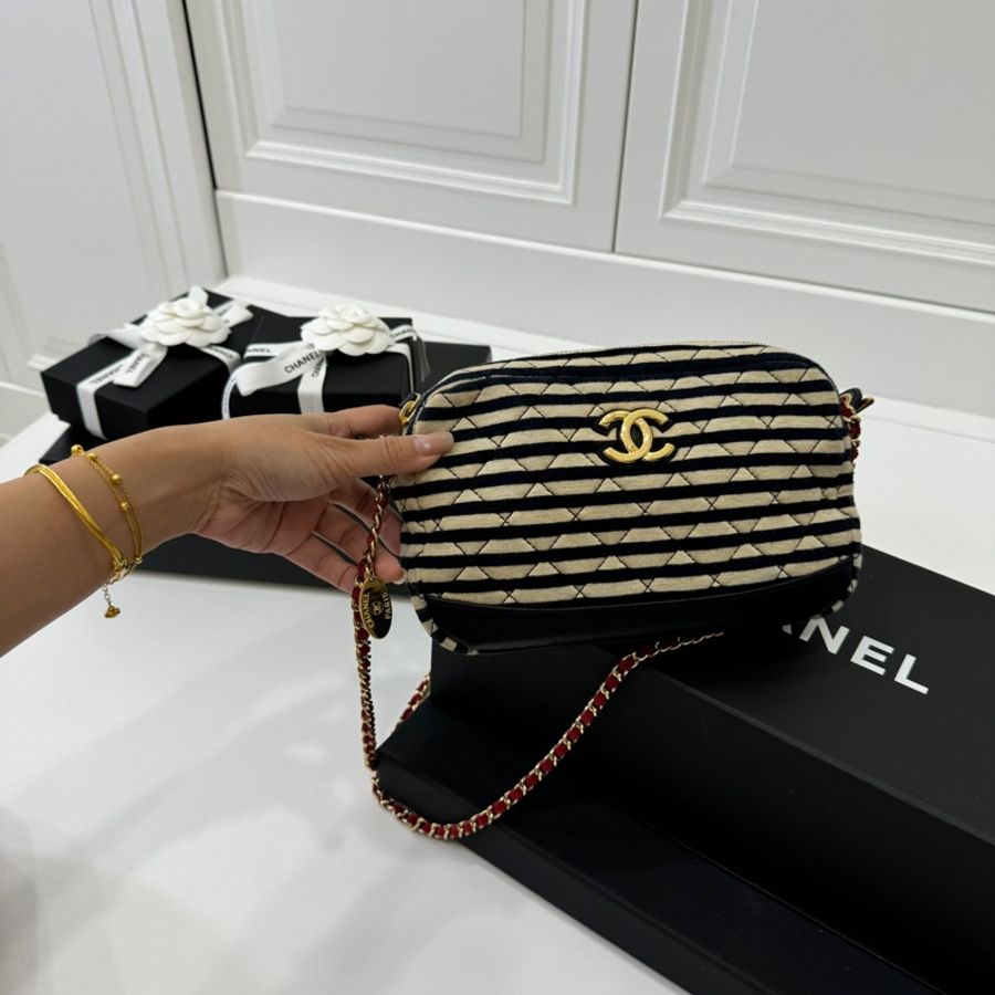 CHANEL 香奈兒 Coco Sailor 藍色 海軍風 條紋棉布面 肩背包 斜背包 相機包-9