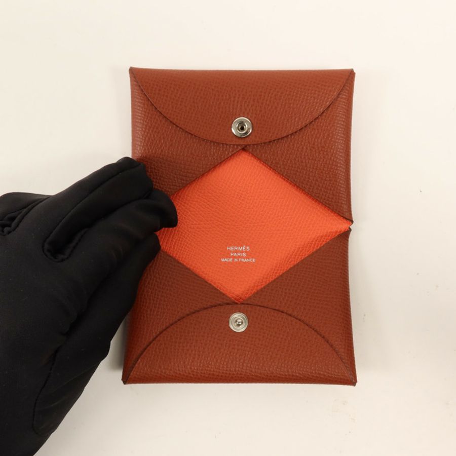 HERMES Epsom皮革Calvi Duo銀扣卡片套Rouge Venitien-4