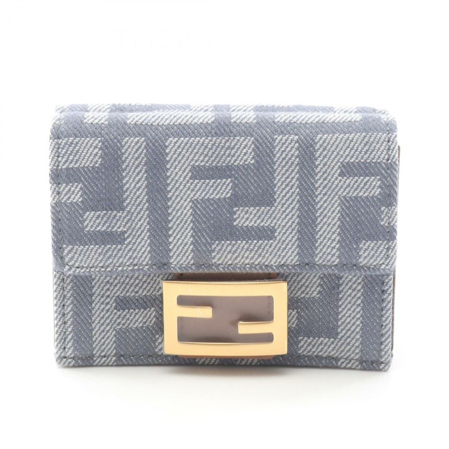FENDI Baguette Zucca 三折迷你皮夾 8M0395AUT4F1SXQ 帆布淺藍色-0