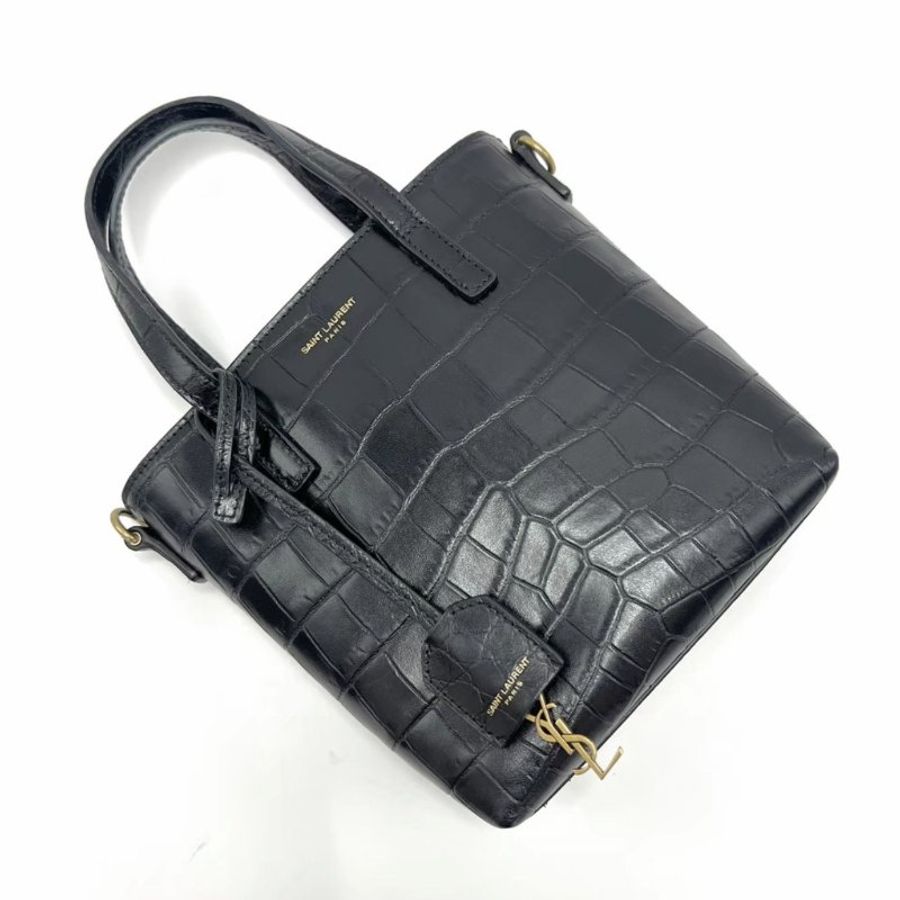YSL 黑金鱷魚紋手提斜背水桶包 15*17*7 98新配件塵袋-2