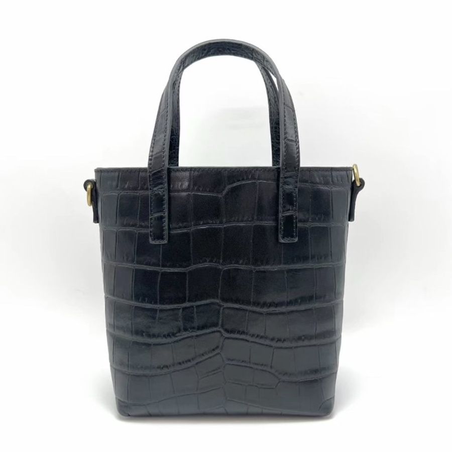 YSL 黑金鱷魚紋手提斜背水桶包 15*17*7 98新配件塵袋-4