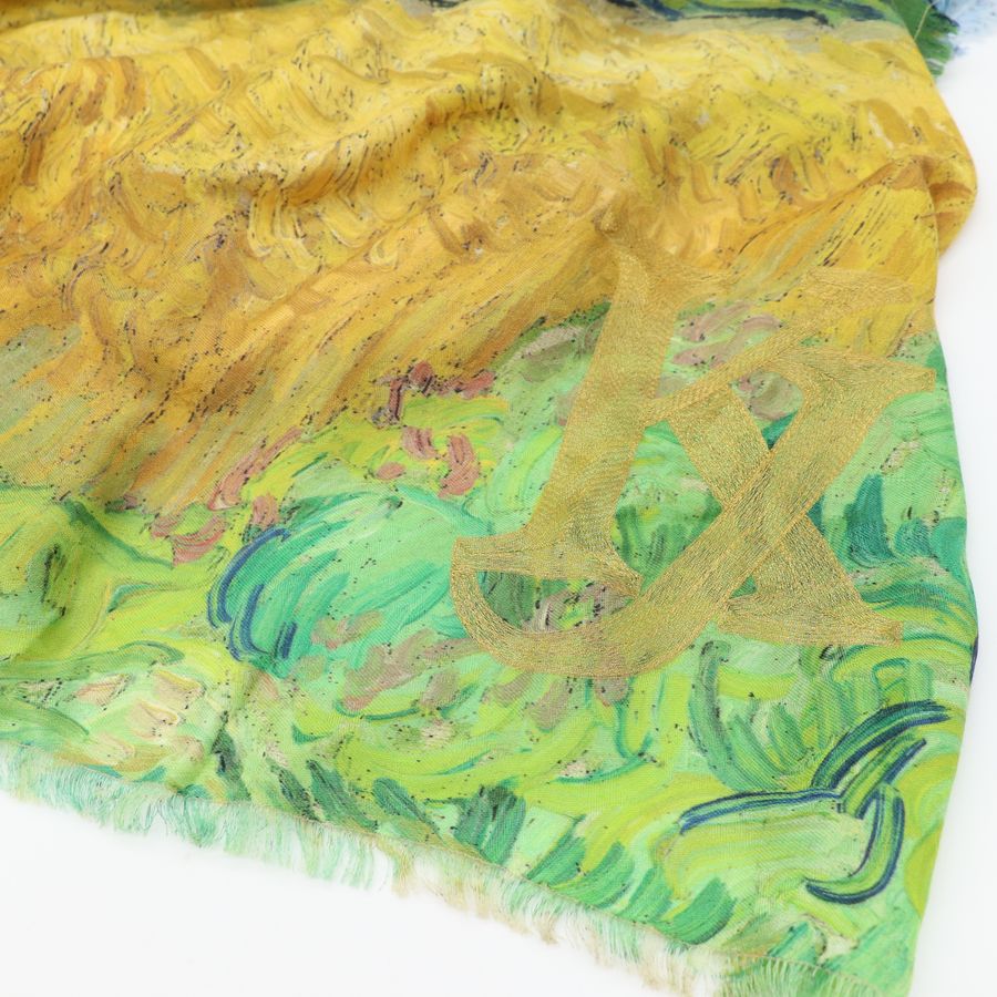 【收藏級❤️全網唯一】LOUIS VUITTON 路易威登 x 梵谷 麥田與柏樹Wheat Field with Cypresses 刺繡Logo 140cm 大方巾 圍巾 披肩 掛畫-8