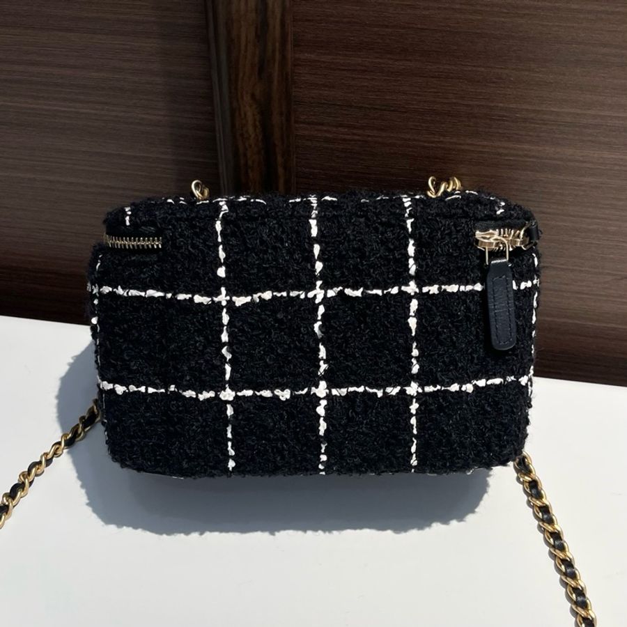 Chanel 黑白格子毛呢金球 化妝長盒子鏈條斜挎包 內含鏡子-1