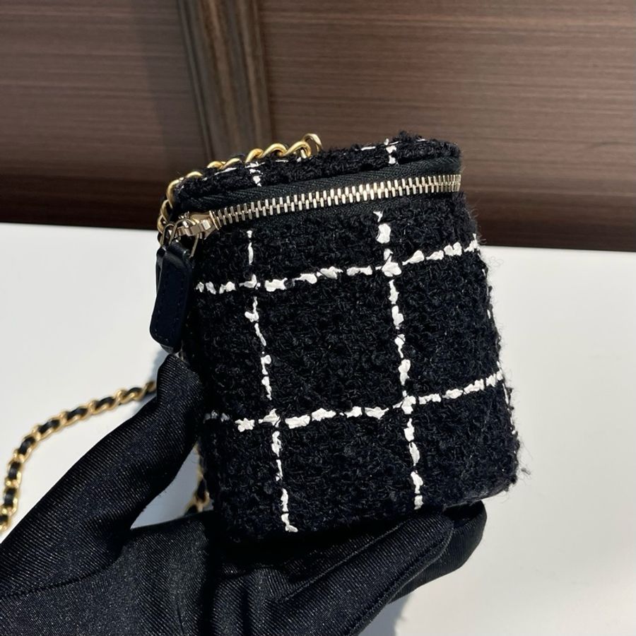 Chanel 黑白格子毛呢金球 化妝長盒子鏈條斜挎包 內含鏡子-2