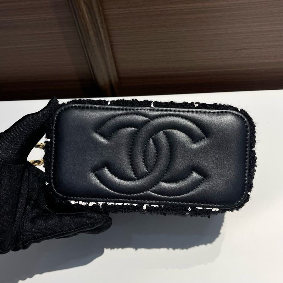Chanel 黑白格子毛呢金球 化妝長盒子鏈條斜挎包 內含鏡子-3