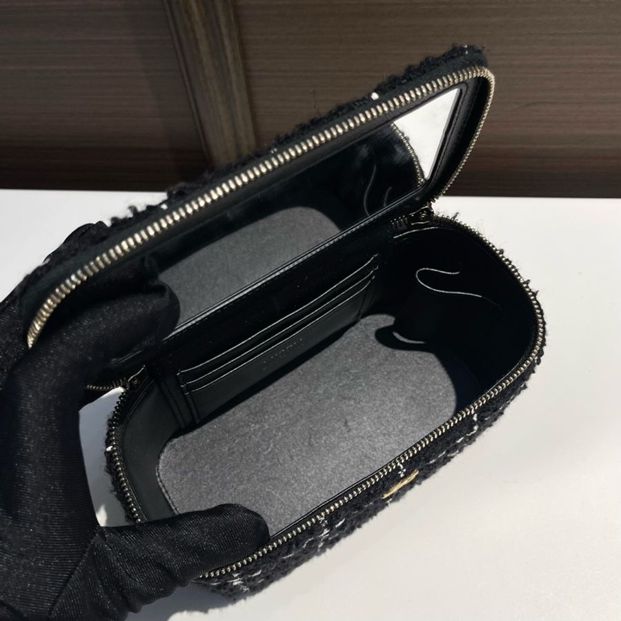 Chanel 黑白格子毛呢金球 化妝長盒子鏈條斜挎包 內含鏡子-4
