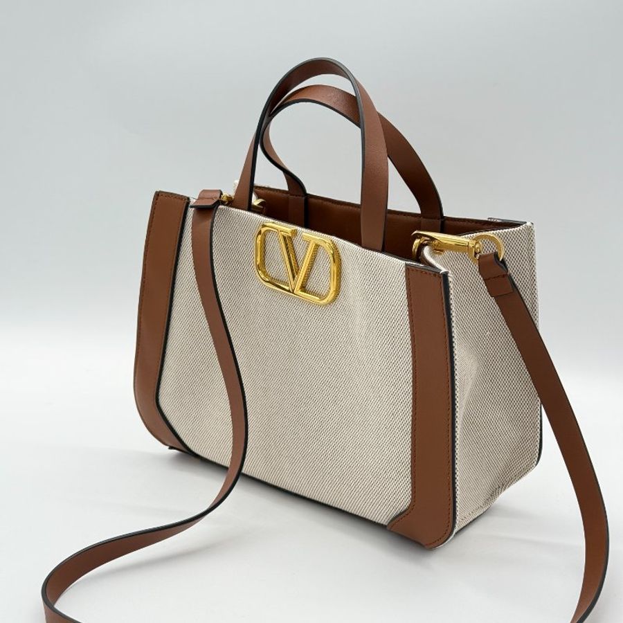 VALENTINO VLogo 金屬 米色亞麻帆布 棕色牛皮 約克夏手繪 手提包 單肩包 斜挎包-2