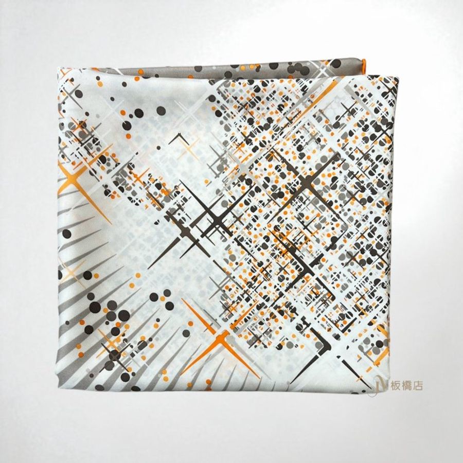 JS1048-Hermes灰底橘邊點點十字光芒方絲巾 90x90-1