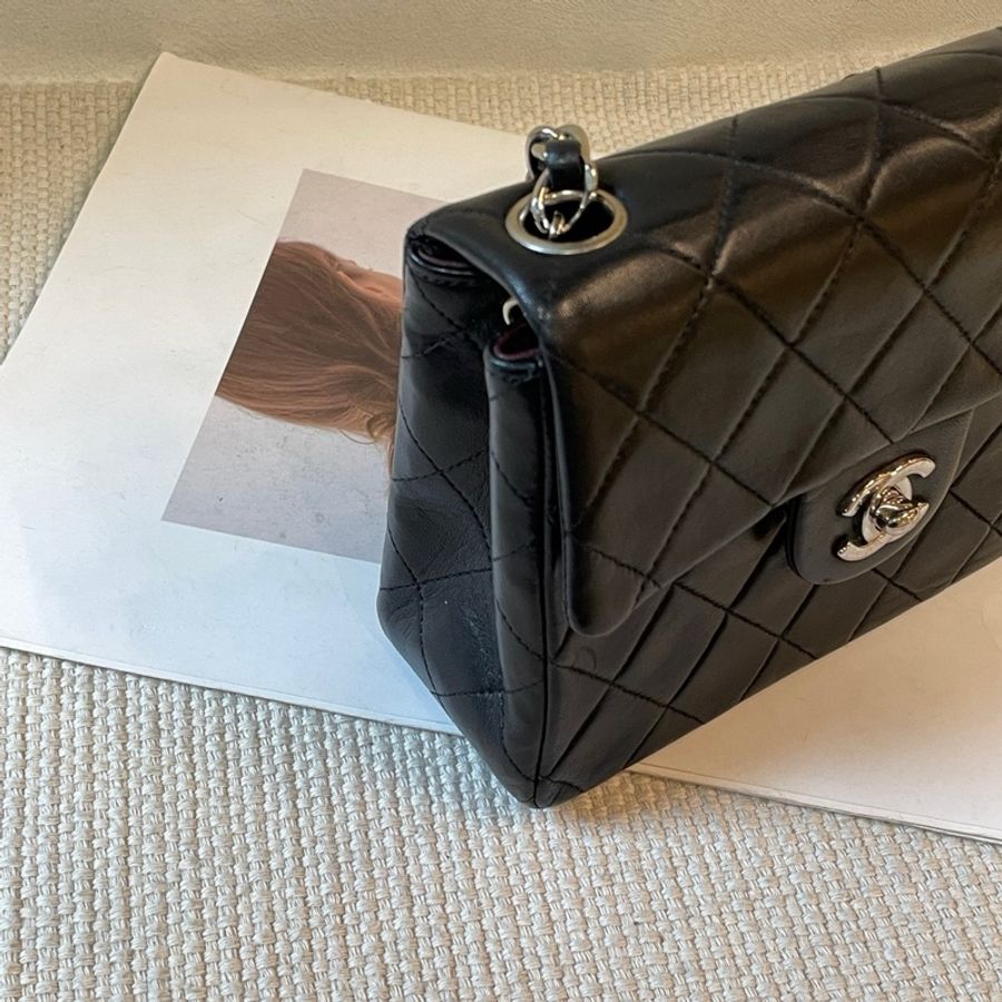 Chanel 黑銀小羊皮方胖子鏈條包-4