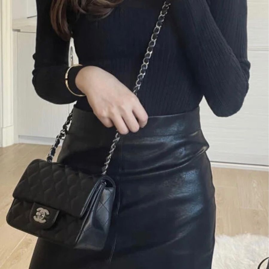 Chanel 黑銀小羊皮方胖子鏈條包-8