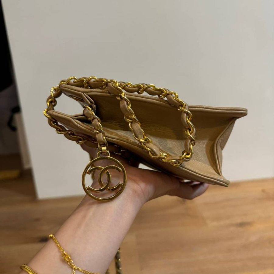 Chanel 老香/ 真品/香奈兒Vintage 奶茶色 大地色 /山型紋 /羊皮 肩背包 斜背包 側背包 鍊條包-5
