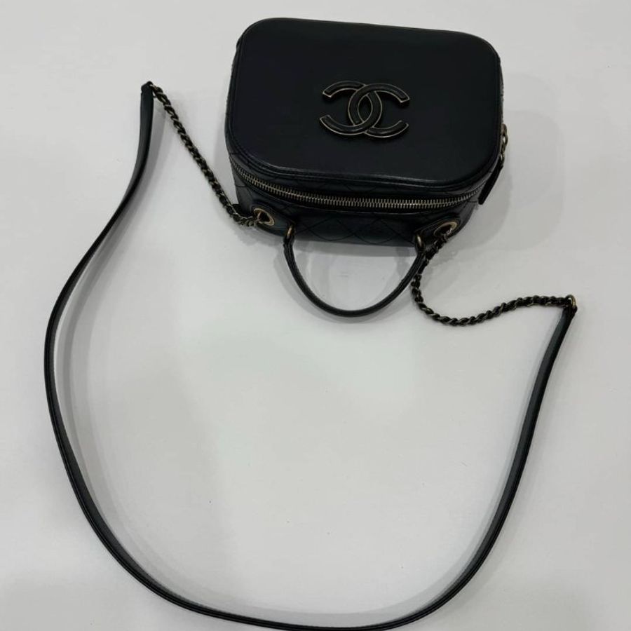 香奈兒 CHANEL 黑色 金鍊 荔枝紋牛皮 復古 相機包 斜背包 手提包 肩背包 側背包 鍊條包 帶鍊包-9
