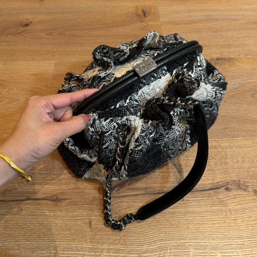 chanel 香奈兒 vintage 毛呢 黑色秀款 黑白格紋 手提包 肩背包 帶鍊包 鍊條包-8