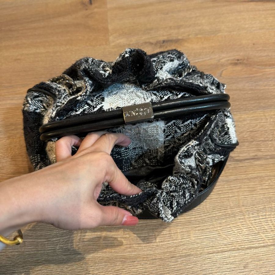 chanel 香奈兒 vintage 毛呢 黑色秀款 黑白格紋 手提包 肩背包 帶鍊包 鍊條包-9