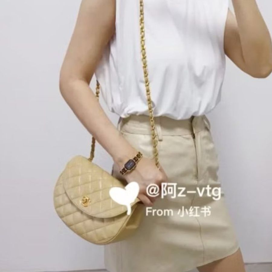 chanel 香奈兒 vintage 米黃 卡其 半月包 肩背包 鏈帶包 鍊條包 斜背包 側背包-1