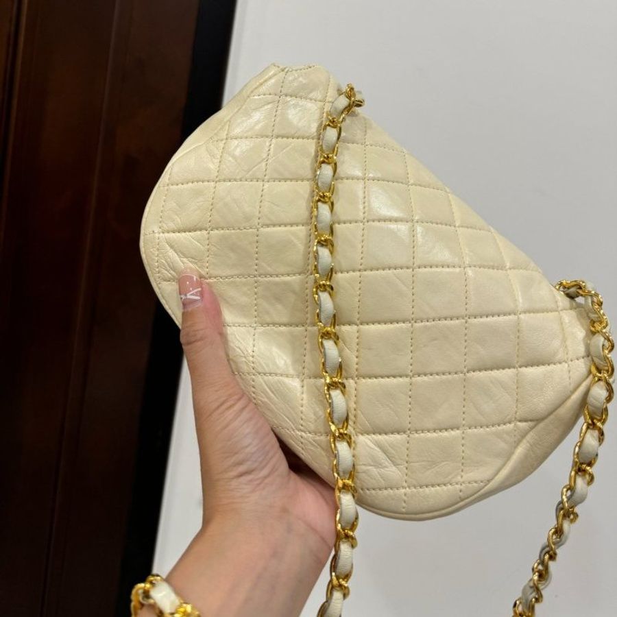chanel 香奈兒 vintage 米黃 卡其 半月包 肩背包 鏈帶包 鍊條包 斜背包 側背包-4