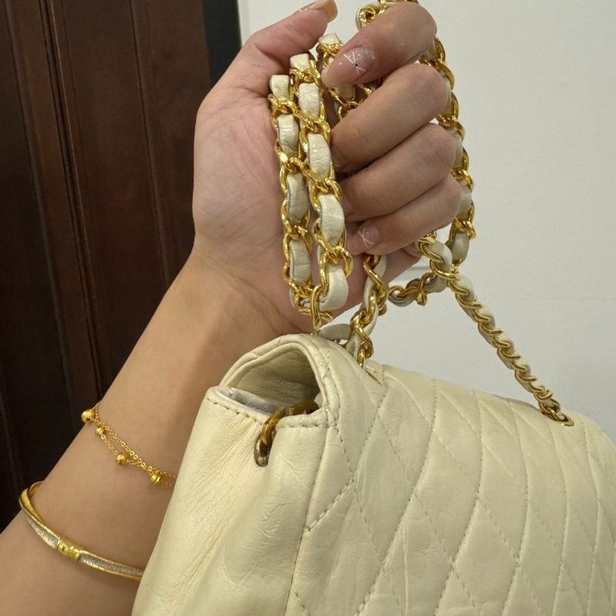 chanel 香奈兒 vintage 米黃 卡其 半月包 肩背包 鏈帶包 鍊條包 斜背包 側背包-15