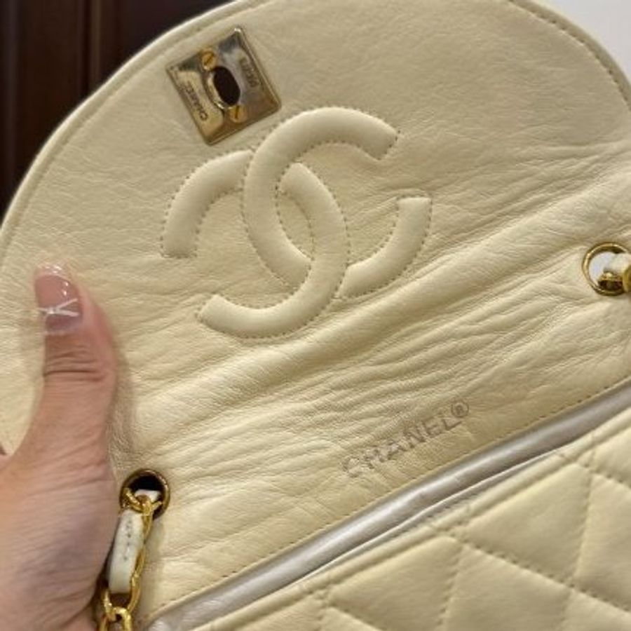 chanel 香奈兒 vintage 米黃 卡其 半月包 肩背包 鏈帶包 鍊條包 斜背包 側背包-18