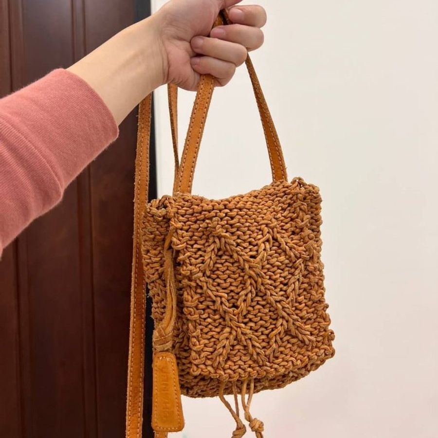 chanel 香奈兒 vintage pochette Seron 黃 竹編 編織 斜背包 肩背包 手提包 手機袋 手機包 側背包-3