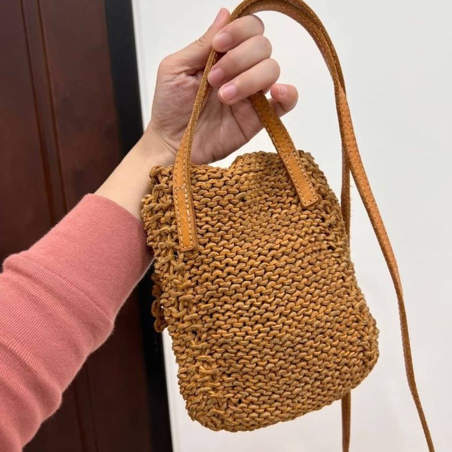 chanel 香奈兒 vintage pochette Seron 黃 竹編 編織 斜背包 肩背包 手提包 手機袋 手機包 側背包-6