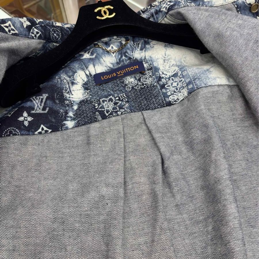 LOUIS VUITTON 牛仔腰果花紮染Logo印花短袖襯衫 男款 深藍色 M碼 肩:48cm,胸:58cm,衣長:74cm-5