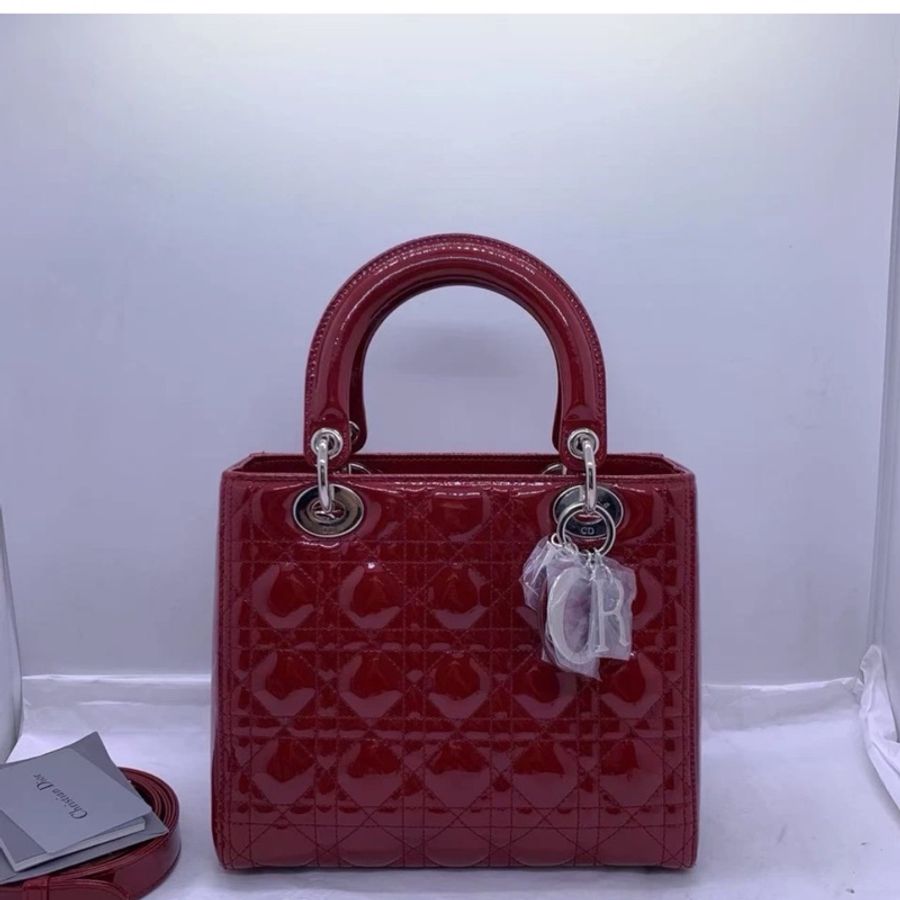 Christian Dior Lady Dior 迪奧 中號 紅色漆皮 戴妃包 手提單肩斜挎包-0