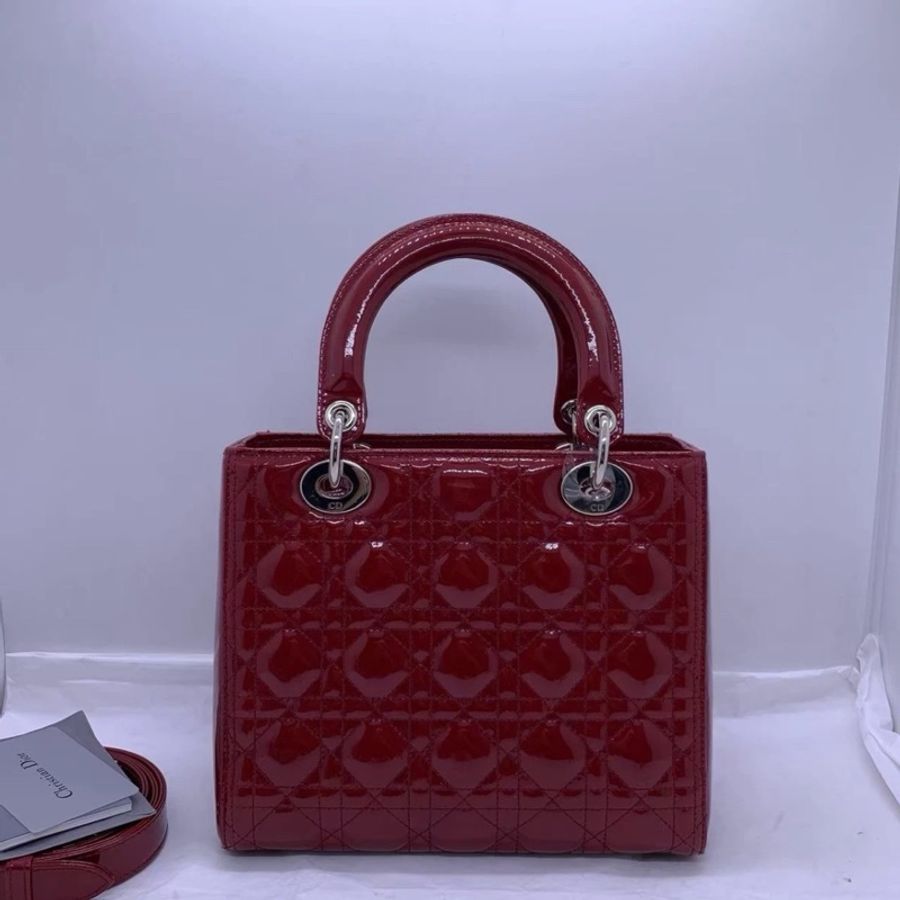 Christian Dior Lady Dior 迪奧 中號 紅色漆皮 戴妃包 手提單肩斜挎包-1