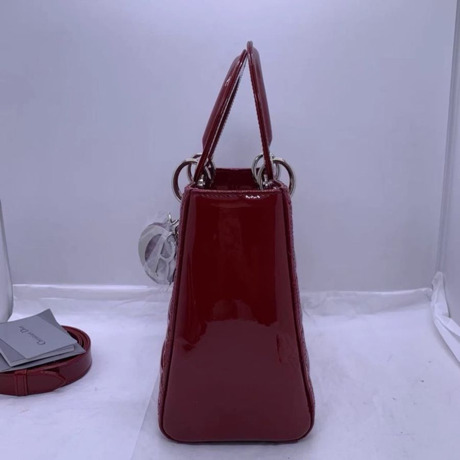 Christian Dior Lady Dior 迪奧 中號 紅色漆皮 戴妃包 手提單肩斜挎包-6