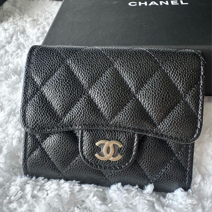 Chanel 荔枝皮 短夾 三折短夾 荔枝皮 金釦-0