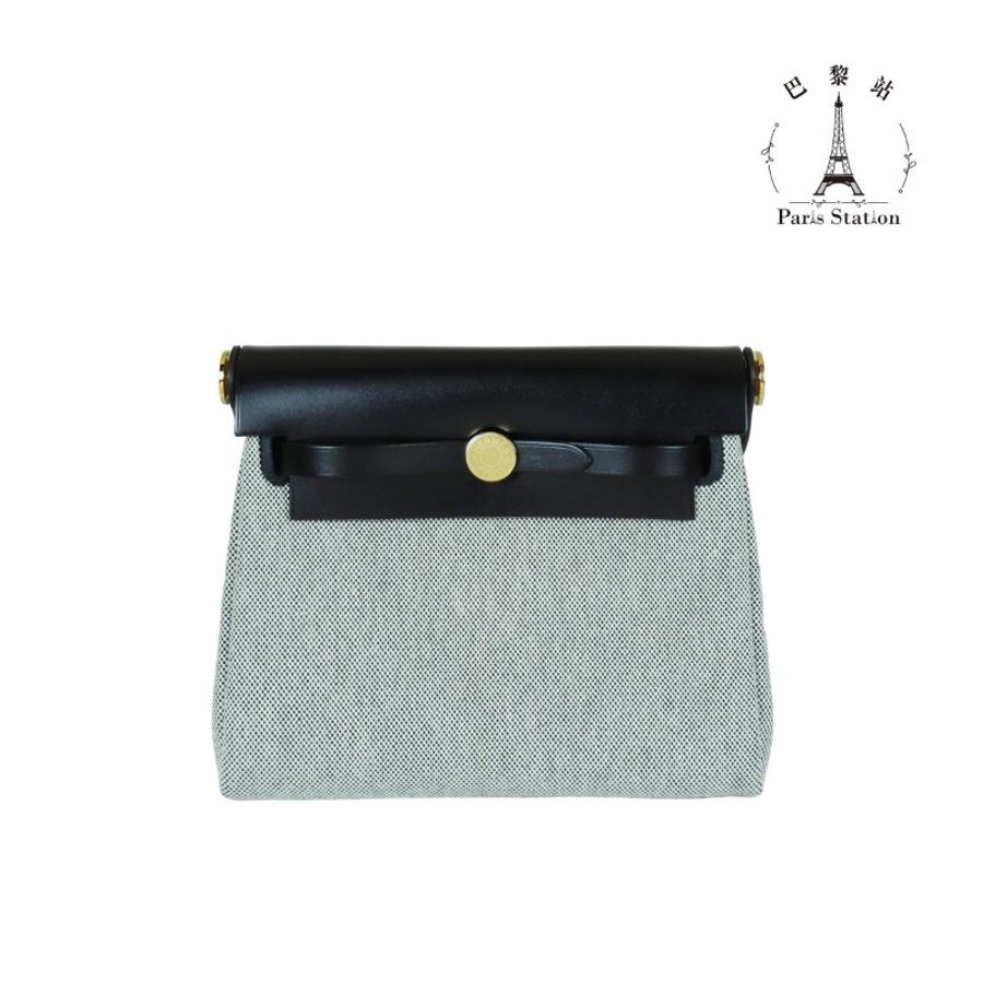 【巴黎站二手名牌專賣店】*全新現貨*HERMES 愛馬仕 真品*W刻MINI HERBAG20帆布黑皮革金釦斜背包-0