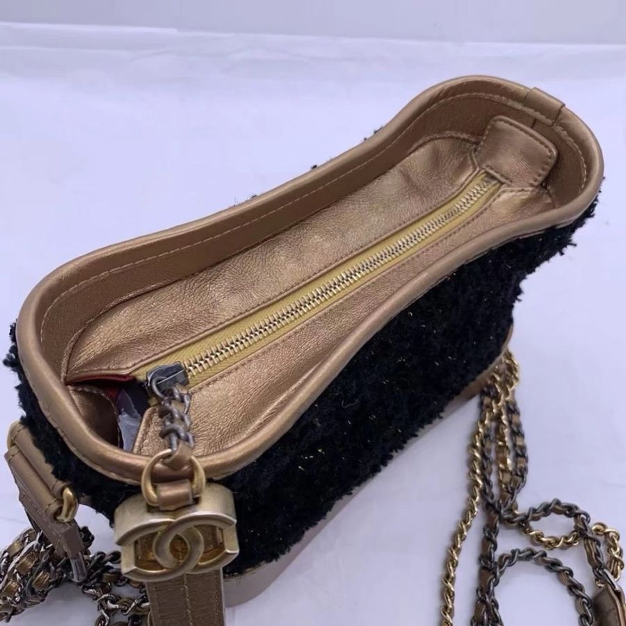 CHANEL Gabrielle Hobo 包 黑色 花呢 小號 金色 皮革 單肩斜挎包-2