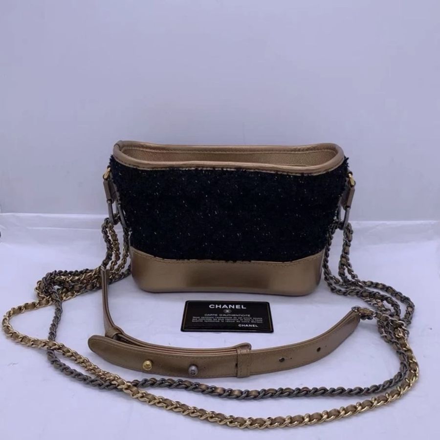 CHANEL Gabrielle Hobo 包 黑色 花呢 小號 金色 皮革 單肩斜挎包-9