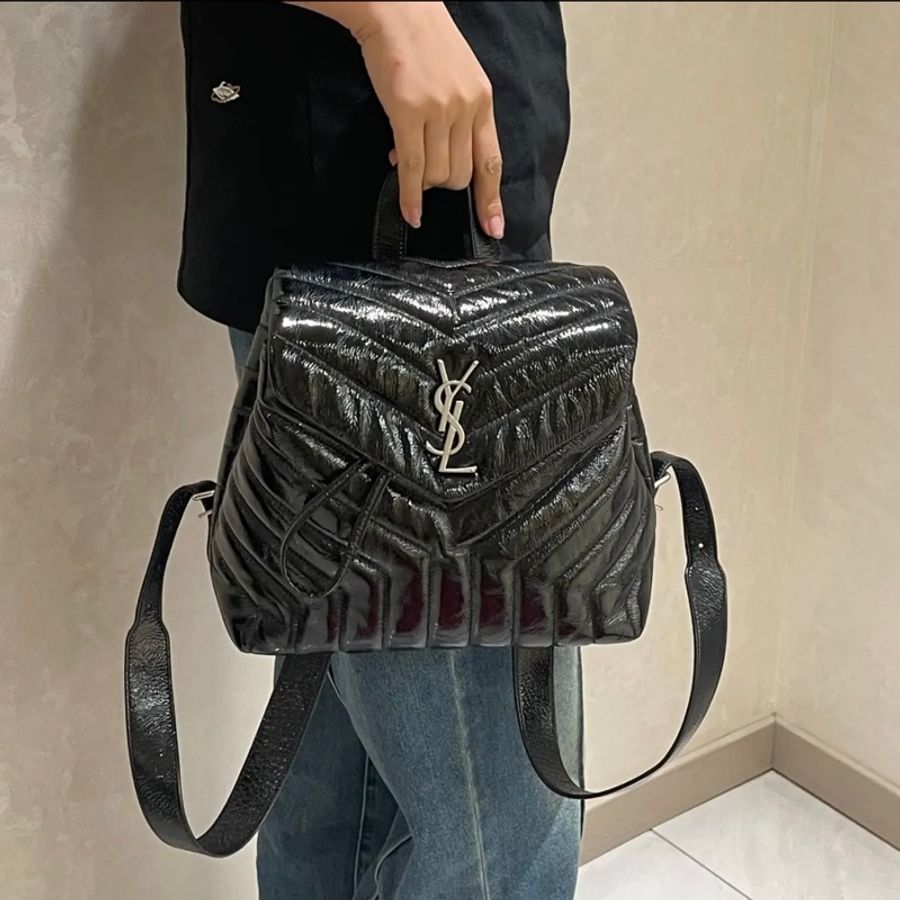 YSL 聖羅蘭黑銀V紋牛皮LouLou雙肩包,油臘皮-2