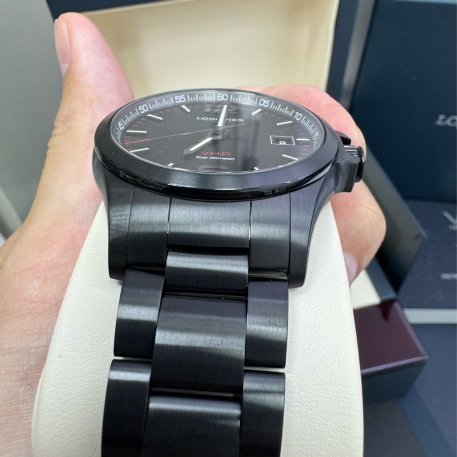 Longines 黑鋼錶殼 表帶 高精準石英錶 個性黑色錶盤-4